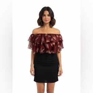 CASPER + PEARL Burgundy Red Floral Ruffle Blouse - size 8